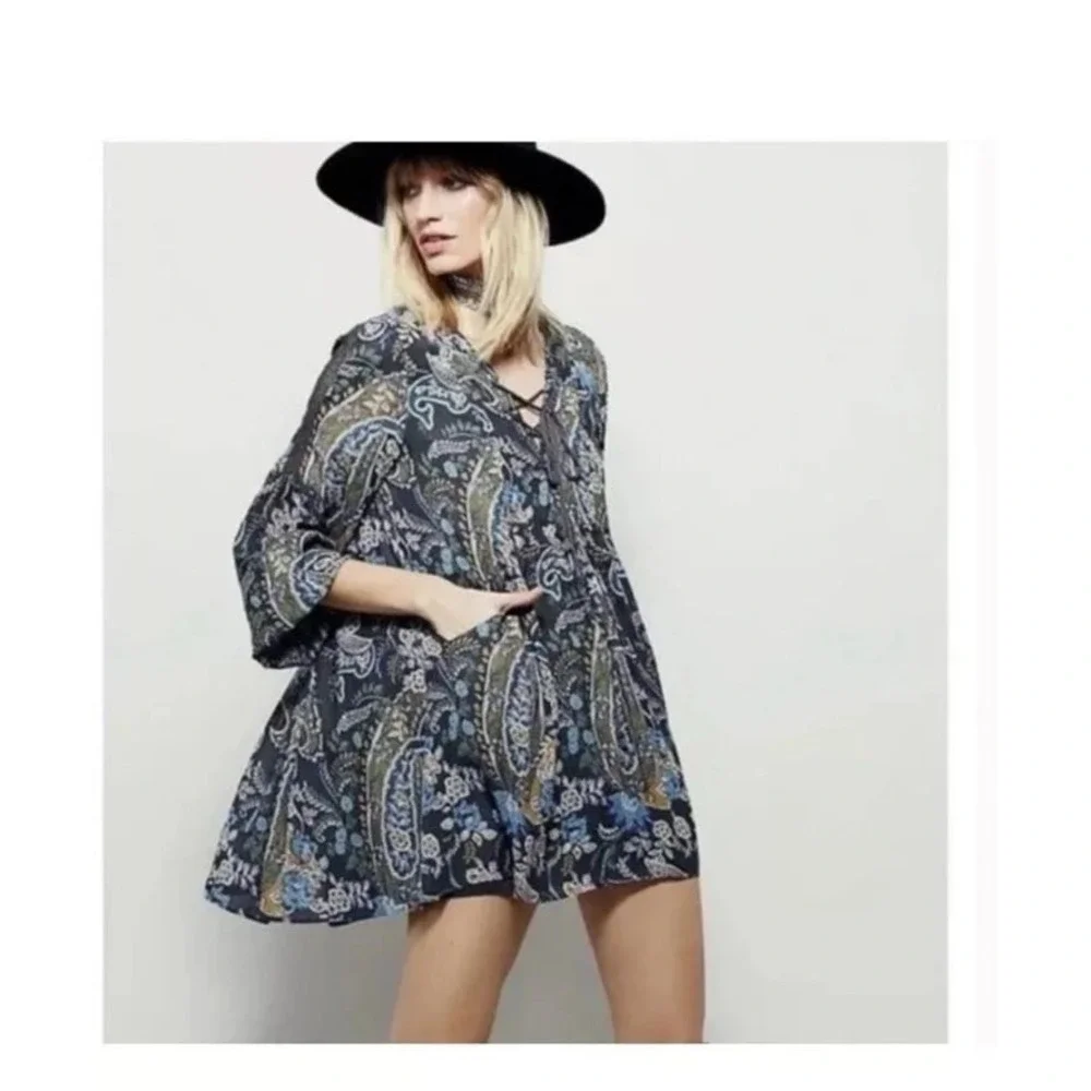 Free People Mini Dress Boho Baby Doll Lined Moss green S/P  Peasant Flowy 80s